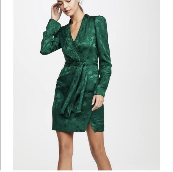 SALONI Dresses & Skirts - Saloni Bibi Mini Dress Green Silk Jacquard Long Sleeve Faux Wrap US 6